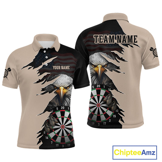 Front and back views of a beige and black darts polo featuring a bald eagle, torn-flag graphics, dartboard designs, and custom team text.