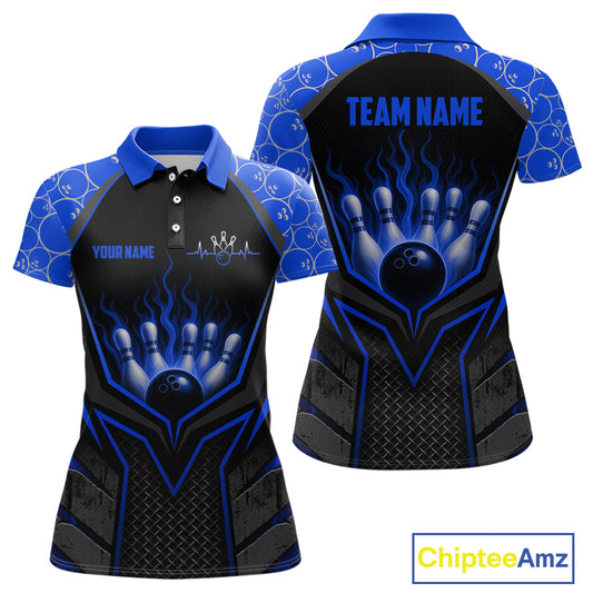 Black and blue polo shirt with customizable text on a white background