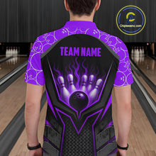 Load image into Gallery viewer, Person wearing a purple and black bowling shirt with a design and 'Team Name' text on a bowling alley background.