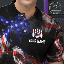 Load image into Gallery viewer, Black polo shirt with American flag design and bowling graphic, featuring 'Your Name' text, on a colorful smoke background.