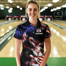 Load image into Gallery viewer, Woman wearing a personalized bowling shirt with an American flag design in a bowling alley.
