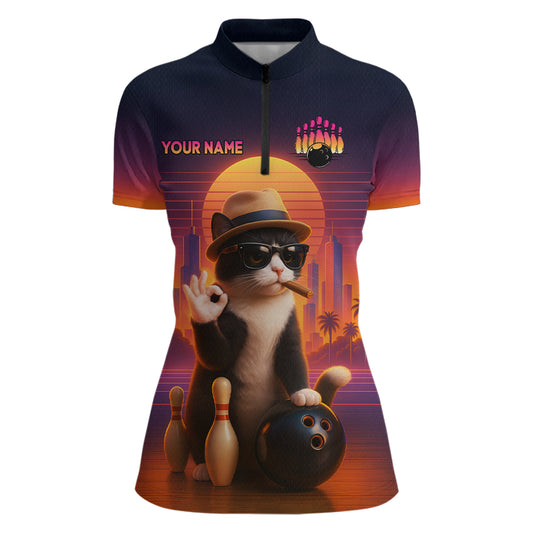 Custom Funny Cat Bowling Jersey for Women Bowling Uniform Bowling Team Shirts Polo & 1/4 Zip HNT196