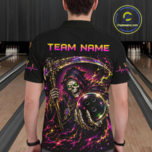 Load image into Gallery viewer, Person wearing a black bowling shirt with colorful design and 'Team Name' text in a bowling alley.