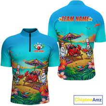 Load image into Gallery viewer, Front and back views of a turquoise beach-themed bowling quarter zip with tropical flowers, a crab on a lounge chair, bowling pin characters, and custom team text.