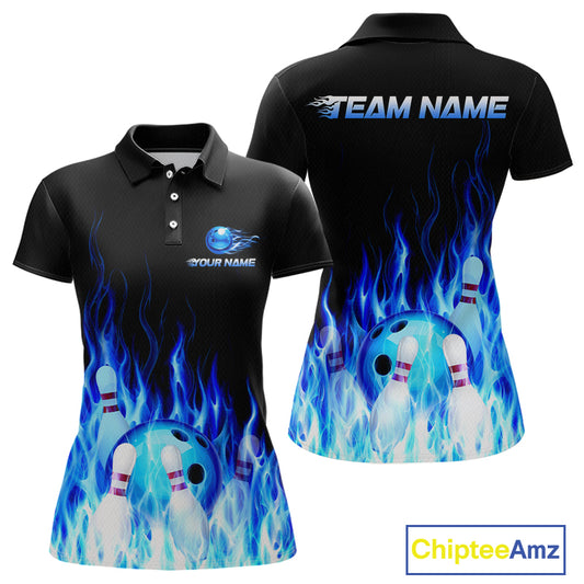 Black polo shirt with blue flame design and bowling elements, customizable with 'Your Name' and 'Team Name'.