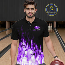 Load image into Gallery viewer, Man wearing a black bowling shirt with a purple flame design in a bowling alley.