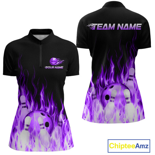 Black polo shirt with purple flame design and bowling elements, customizable text on a white background.