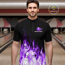 Load image into Gallery viewer, Man wearing a black bowling shirt with purple flames and a bowling ball design in a bowling alley.