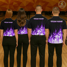 Load image into Gallery viewer, Four people wearing black shirts with purple flame designs on a bowling alley background