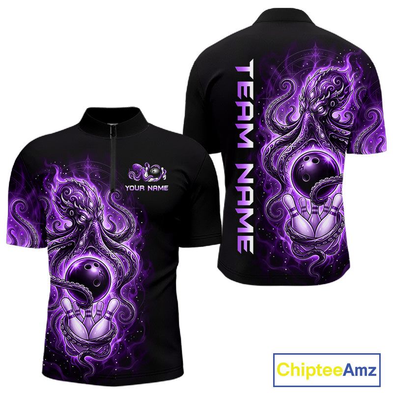 Custom Purple Flame Octopus Bowling Jersey for Men Bowling Team Shirts Polo & 1/4 Zip HNT506