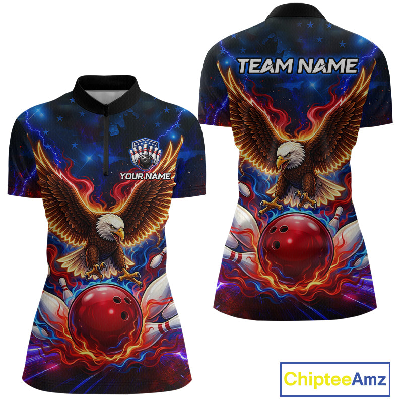 Custom Red Flame Eagle Bowling Jersey for Women Bowling Team Shirts Polo & 1/4 Zip HNT511