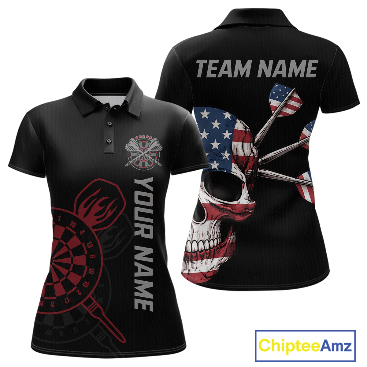 Custom Skull US Flag Dart Shirts For Women Dart Board Shirts Polo & 1/4 Zip Dart Jersey Team NNT127