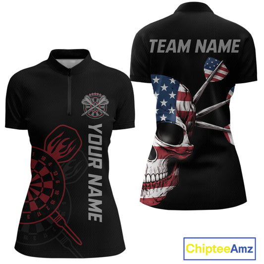 Custom Skull US Flag Dart Shirts For Women Dart Board Shirts Polo & 1/4 Zip Dart Jersey Team NNT127