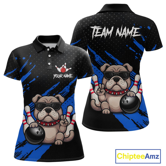 Custom blue funny bulldog bowling jersey for women, personalized team bowling polo shirt front view and back view.
