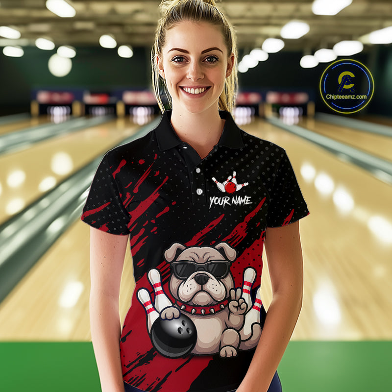 Women’s red Bulldog bowling polo shirt, front view on female model in bowling lane 