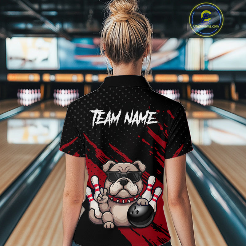 Women’s red Bulldog bowling polo shirt, back view on female model in bowling lane 