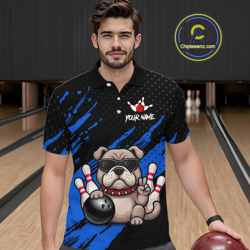 Men’s blue Bulldog bowling polo shirt, front view on male model in bowling lane 