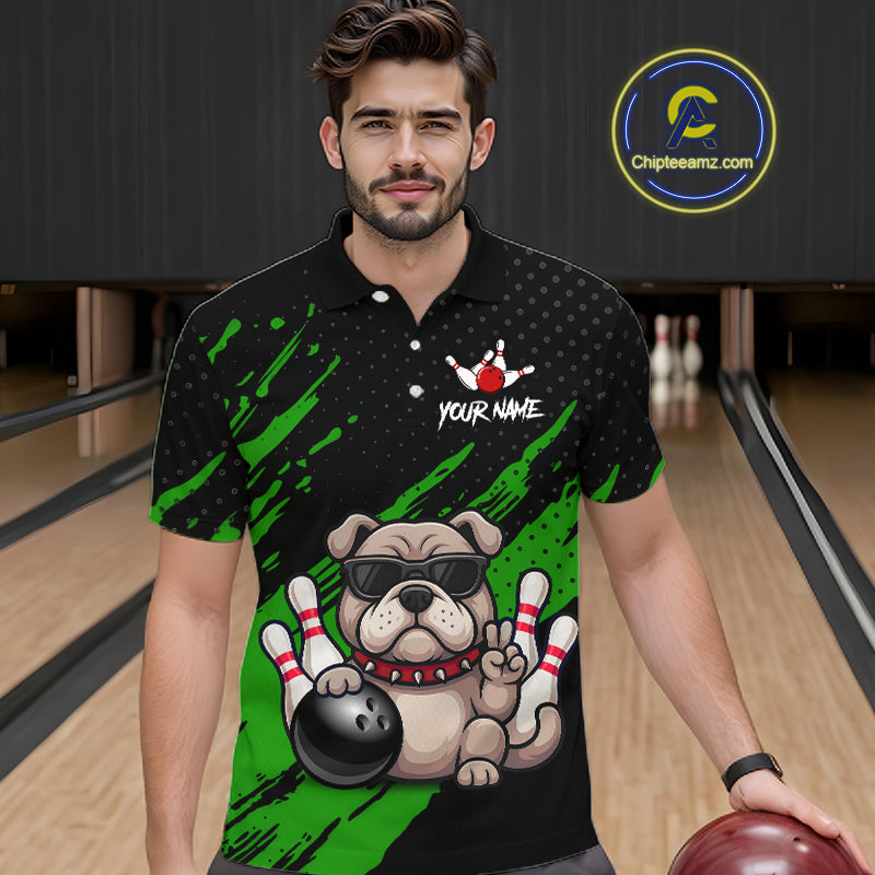 Men’s green Bulldog bowling polo shirt, front view on male model in bowling lane 