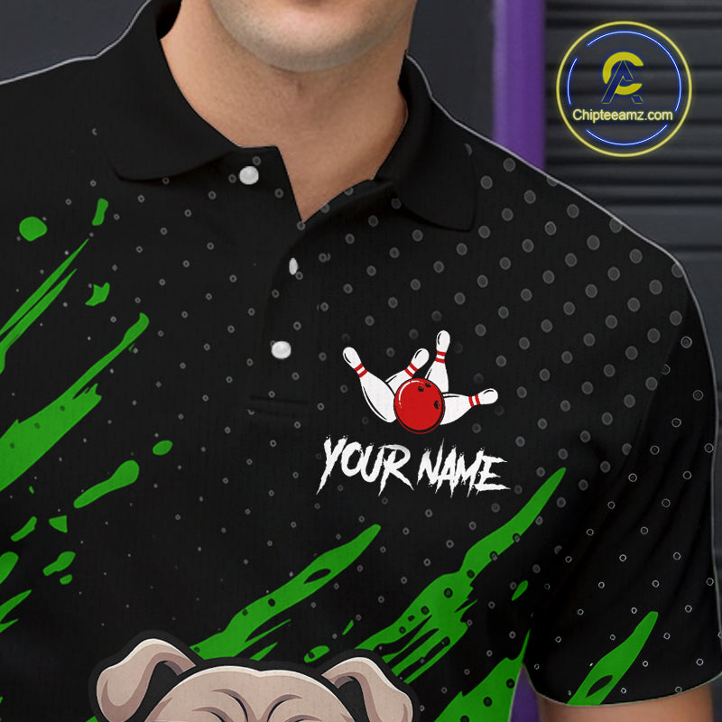 Men’s green Bulldog  bowling polo shirt with custom name, angled front view showing custom team design 