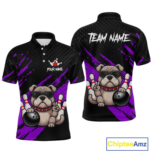 Custom purple funny bulldog bowling jersey for men, personalized team bowling polo shirt front view and back view.
