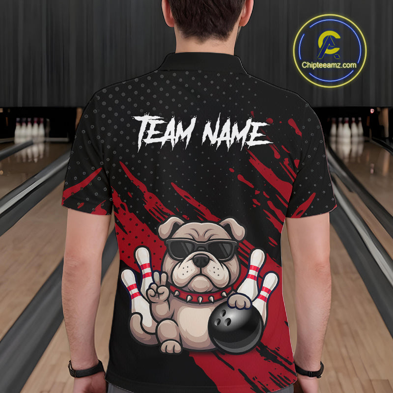 Men’s red Bulldog bowling polo shirt, back view on male model in bowling lane 