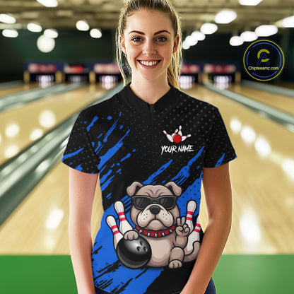 Women’s blue Bulldog bowling quarter zip shirt, front view on female model in bowling lane 