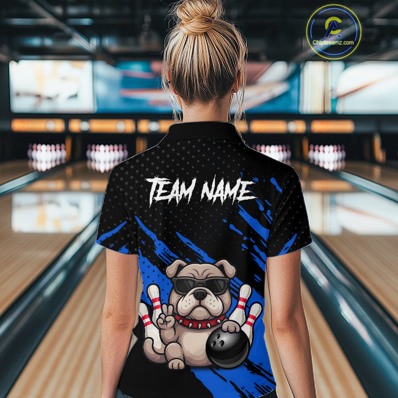 Women’s blue Bulldog bowling quarter zip shirt, back view on female model in bowling lane 