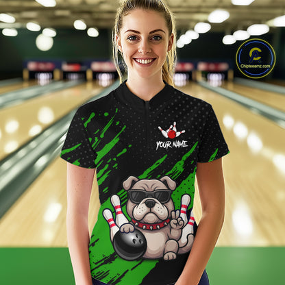 Women’s green Bulldog bowling quarter zip shirt, front view on female model in bowling lane 