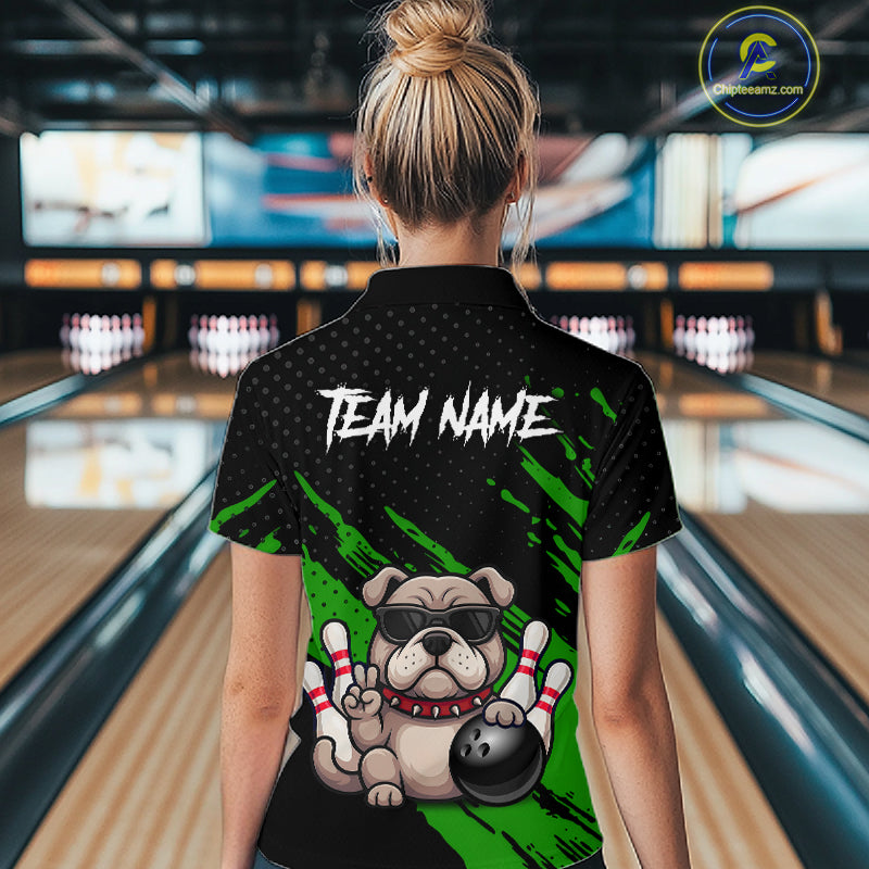 Women’s green Bulldog bowling quarter zip shirt, back view on female model in bowling lane 