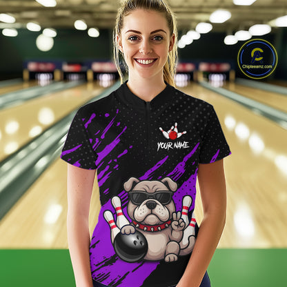 Women’s purple Bulldog bowling quarter zip shirt, front view on female model in bowling lane 