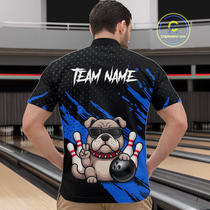 Men’s blue Bulldog bowling quarter zip shirt, back view on male model in bowling lane 