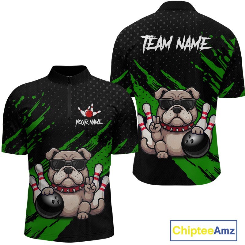 Custom green funny bulldog bowling jersey for men, personalized team bowling quarter zip shirt front view and back view.