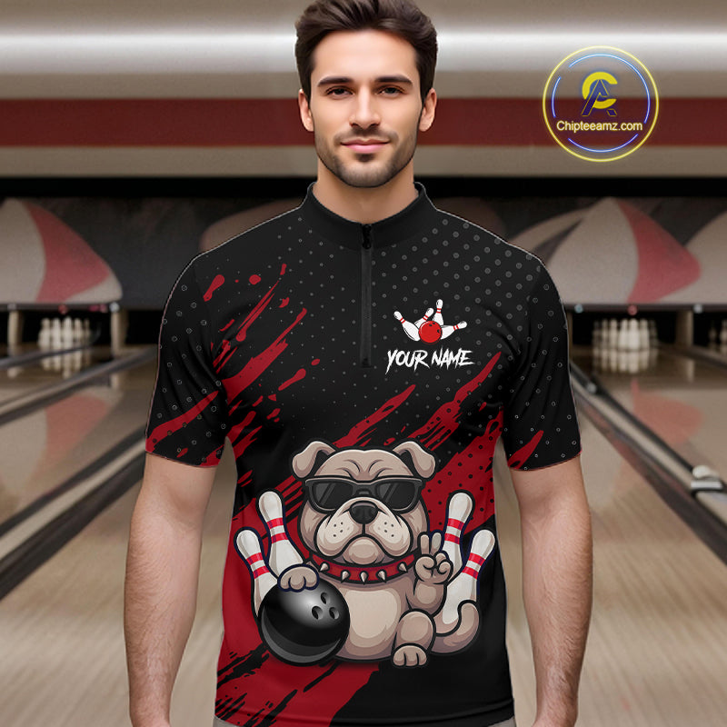Men’s blue Bulldog bowling quarter zip shirt, front view on male model in bowling lane