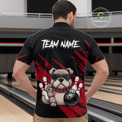 Men’s blue Bulldog bowling quarter zip shirt, back view on male model in bowling lane