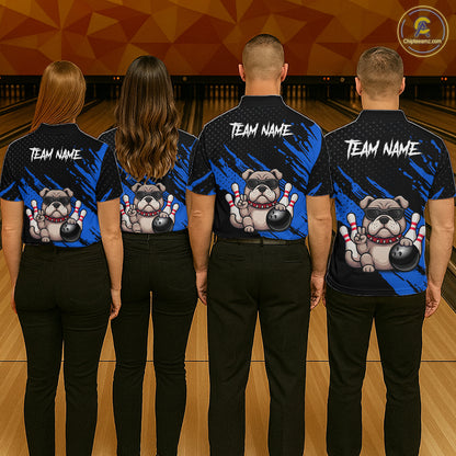 Group of bowlers in blue Bulldog team shirts, personalized bowling uniforms back view.