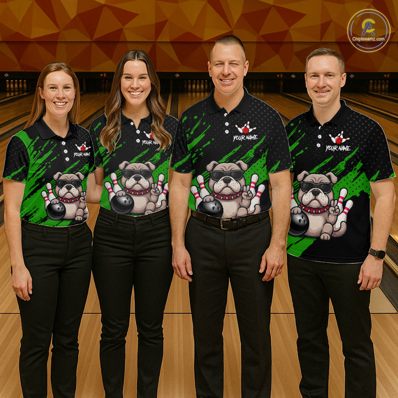 Group of bowlers in green Bulldog team shirts, personalized bowling uniforms front view.