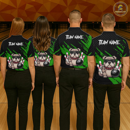 Group of bowlers in blue Bulldog team shirts, personalized bowling uniforms back view.