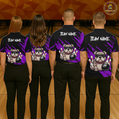 Group of bowlers in purple Bulldog team shirts, personalized bowling uniforms back view.