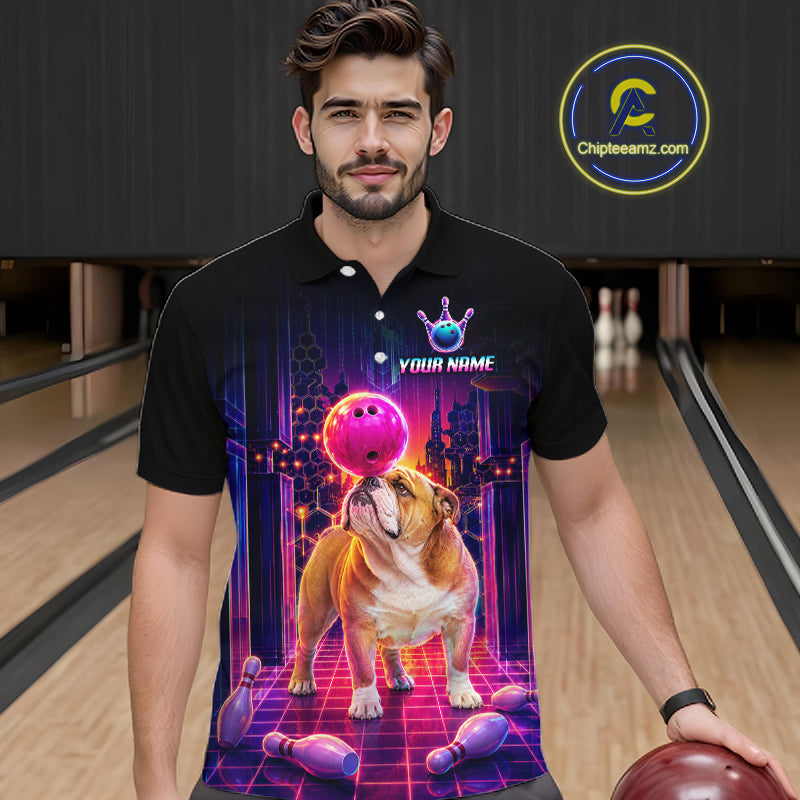 Men’s retro Bulldog neon synthwave bowling polo shirt, front view on male model in bowling lane 