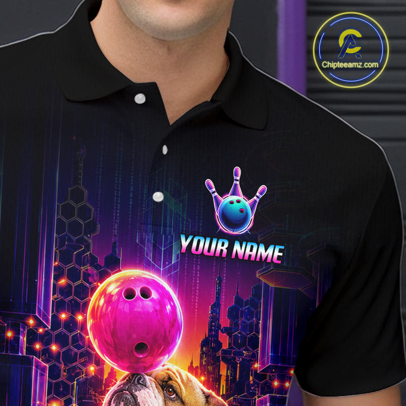 Men’s Bulldog retro neon bowling polo shirt with custom name, angled front view showing custom team design 
