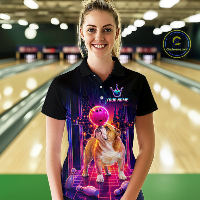 Women’s retro Bulldog neon synthwave bowling polo shirt, front view on female model in bowling lane 
