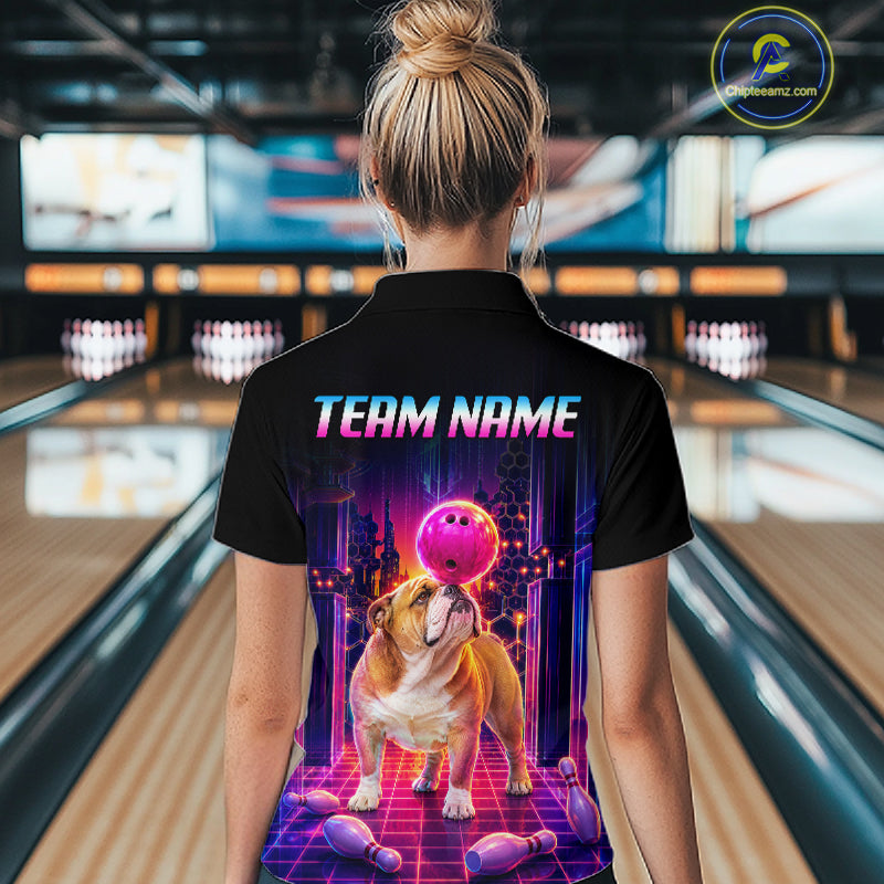 Women’s retro Bulldog neon synthwave bowling polo shirt, back view on female model in bowling lane 