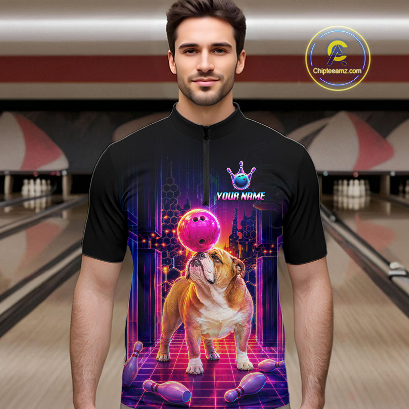 Men’s retro Bulldog neon synthwave bowling quarter zip shirt, front view on male model in bowling lane 