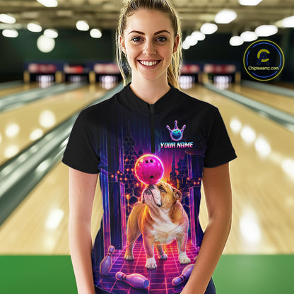 Women’s retro Bulldog neon synthwave bowling quarter zip shirt, front view on female model in bowling lane 