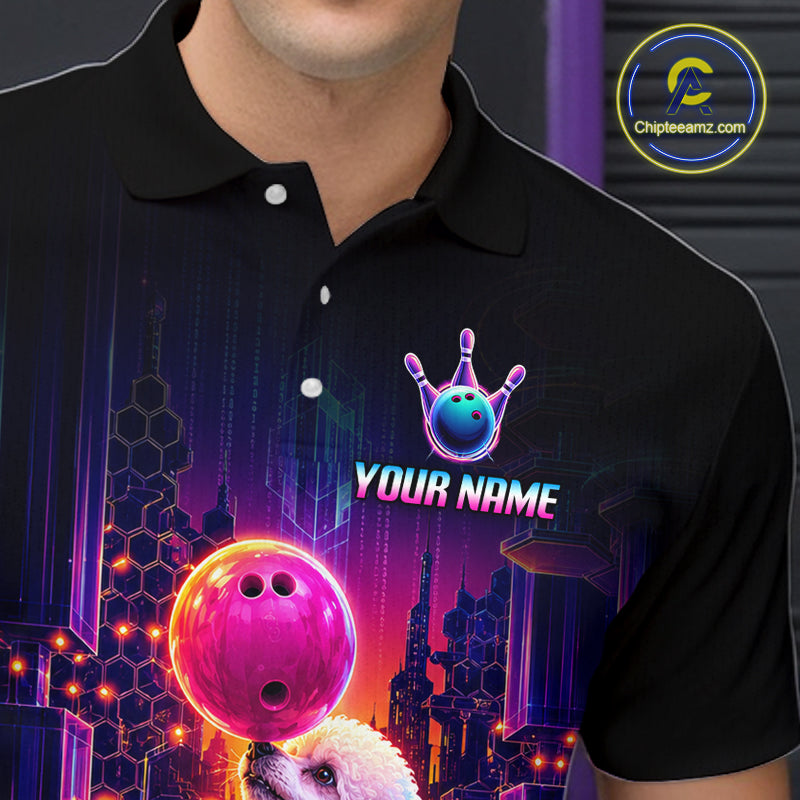 Men’s Poodle Dog retro neon bowling polo shirt with custom name, angled front view showing custom team design 