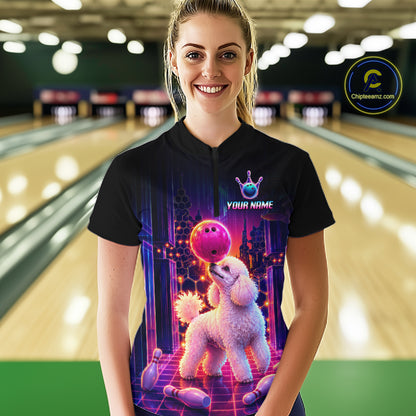 Women’s retro Poodle Dog neon synthwave bowling quarter zip shirt, front view on female model in bowling lane  