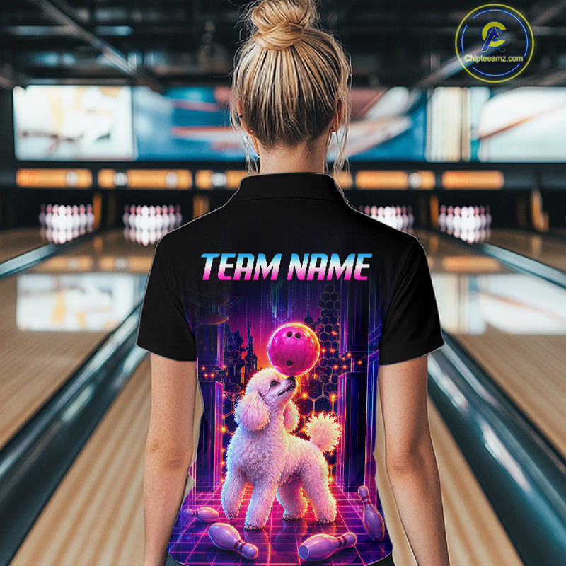 Women’s retro Poodle Dog neon synthwave bowling quarter zip shirt, back view on female model in bowling lane  
