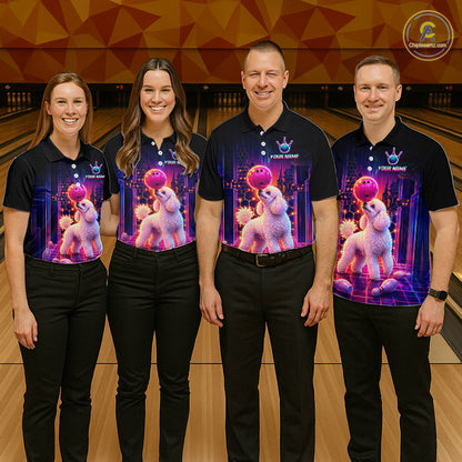 Group of bowlers in Poodle Dog neon synthwave team shirts, personalized bowling uniforms front view