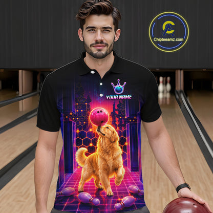 Men’s retro Golden Retriever Dog neon synthwave bowling polo shirt, front view on male model in bowling lane 