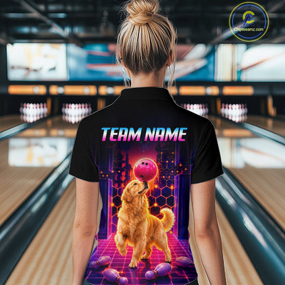 Women’s retro Golden Retriever Dog neon synthwave bowling quarter zip shirt, back view on female model